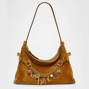 CHLOÉ Charms Camel Brown Suede Leather Gold Khaki Hobo Shoulder Bag Handbag